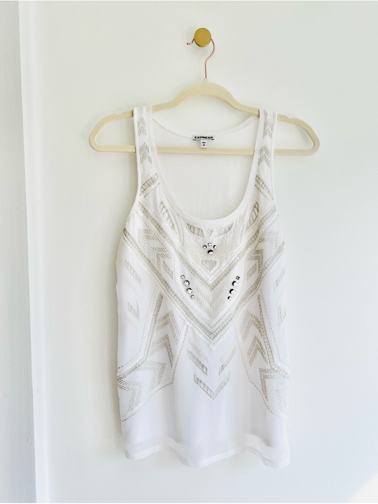 Express Tops - Express Women’s White Embellished Tank with Sequins & Beads | Small